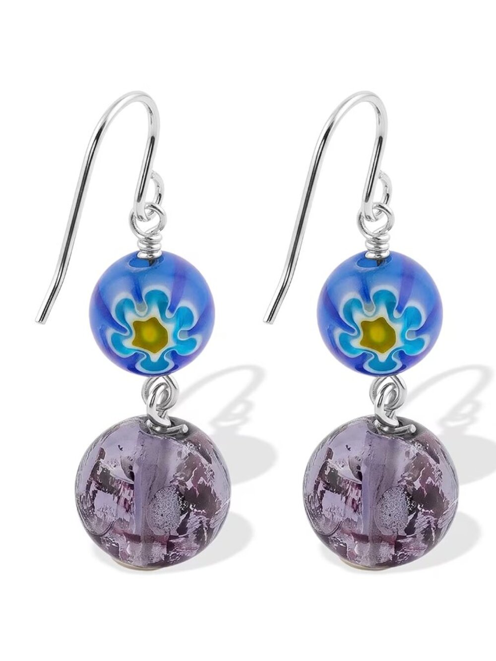 Blue Flower Artisan Glass Earrings in Sterling Silver - New - 1.29 in L x 0.39 W